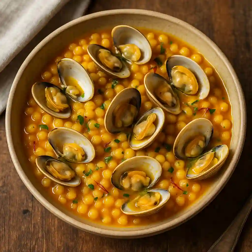 샤프란과 조개를 이용한 이탈리아식 파스타 프레골라 사진