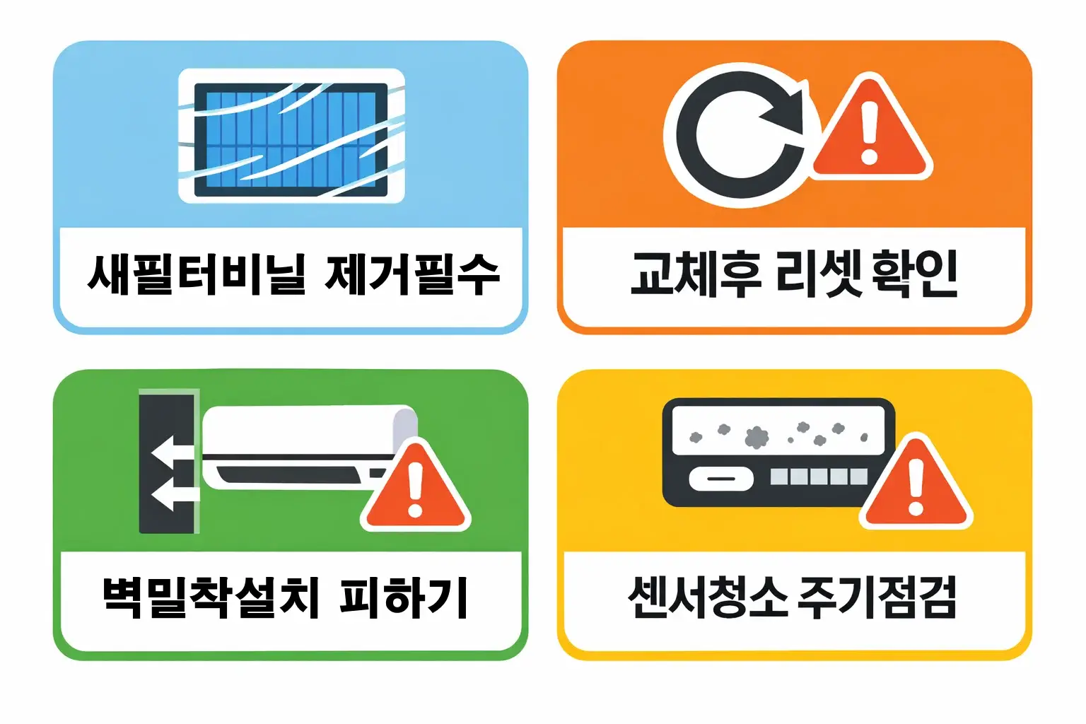위닉스 공기청정기 필터 비닐 제거 확인 벽면 설치 거리 센서 청소 등 사용 중 관리 체크 포인트를 설명한 인포그래픽
