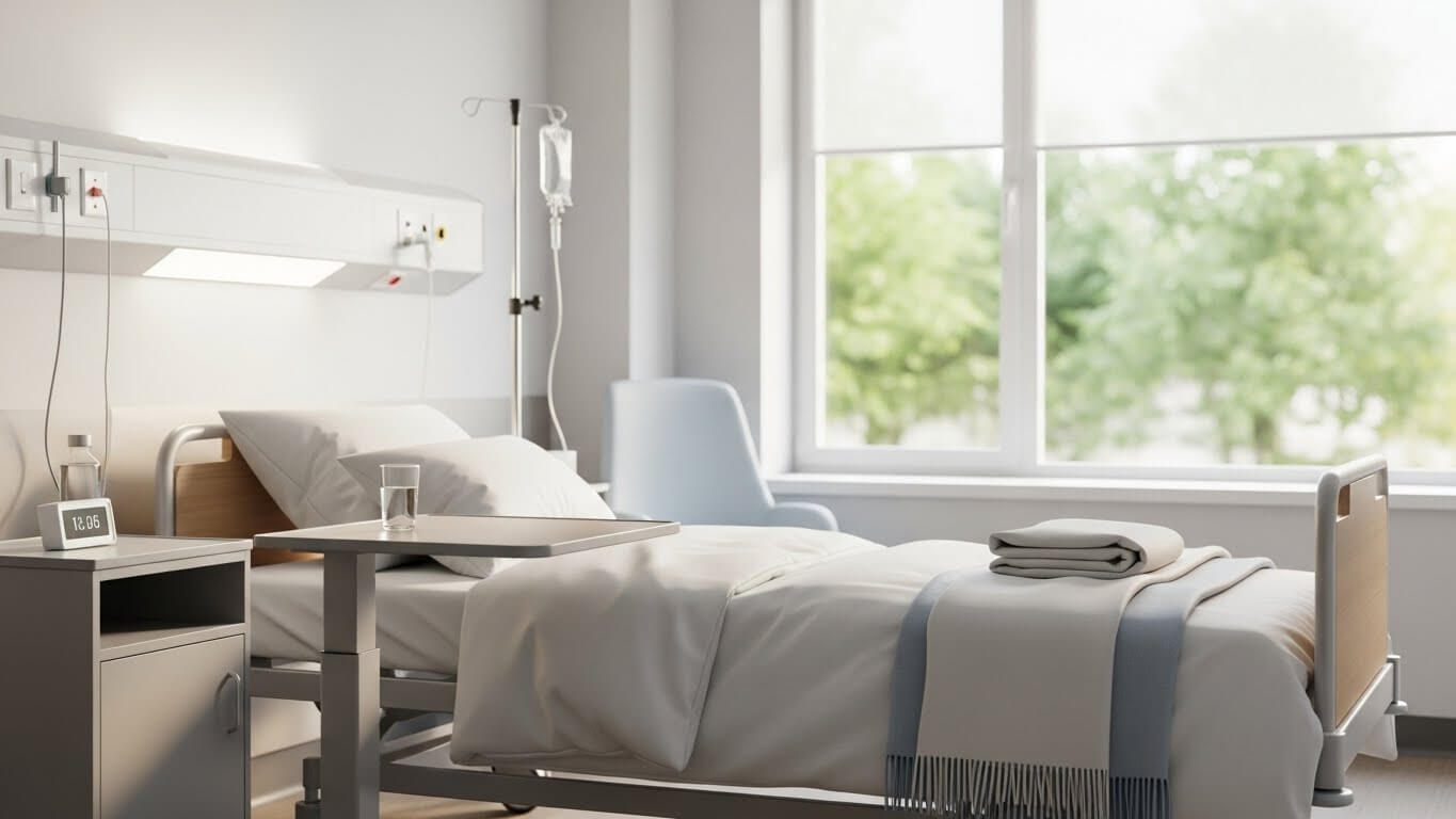 깔끔하고 밝은 1~2인실 병실 내부 전경과 창가 자연광