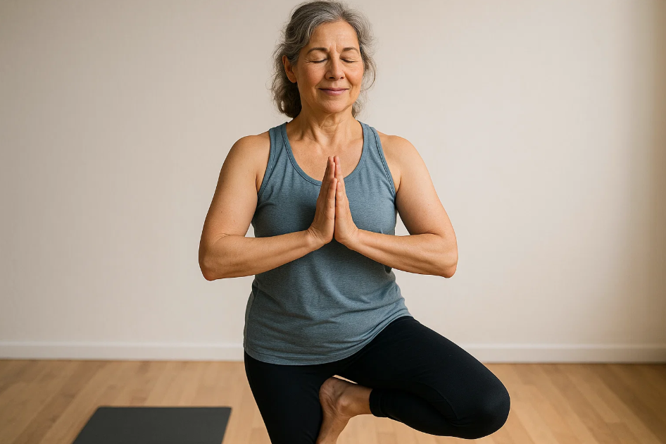 요가하는 중년의 여성 사진