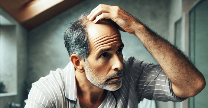 탈모 증상이 있는 중년의 남성이 빠진 머리카락을 확인하고 있는 모습