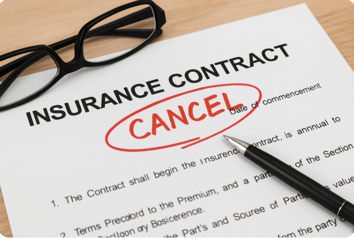 보험 계약서 위에 'CANCEL' 표시가 적혀 있고, 옆에 안경과 펜이 놓여 있는 모습