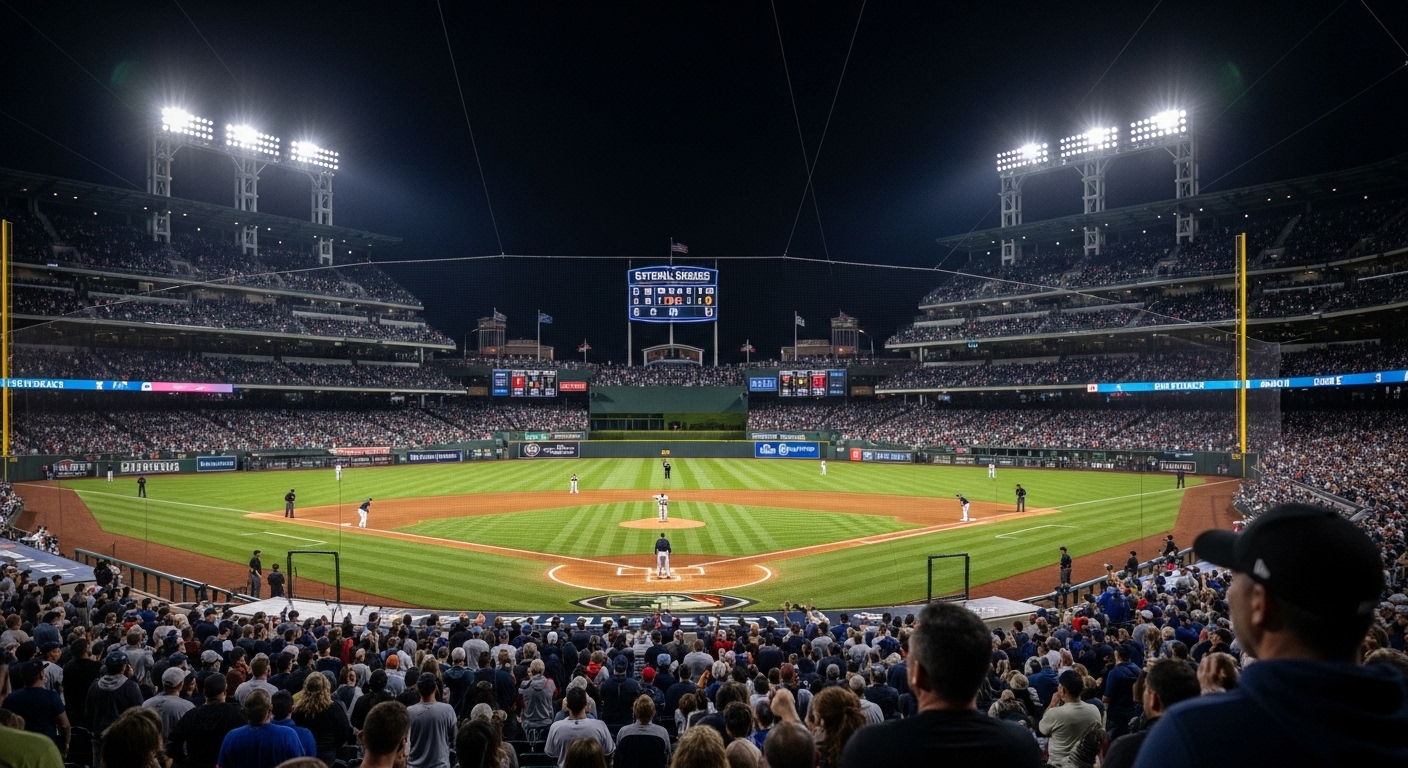 2025년 월드시리즈 3차전, 혈투 중인 야구장 풍경. 선수들의 지친 모습과 긴장감 넘치는 관중석이 어우러져 경기의 고조된 분위기를 보여준다.