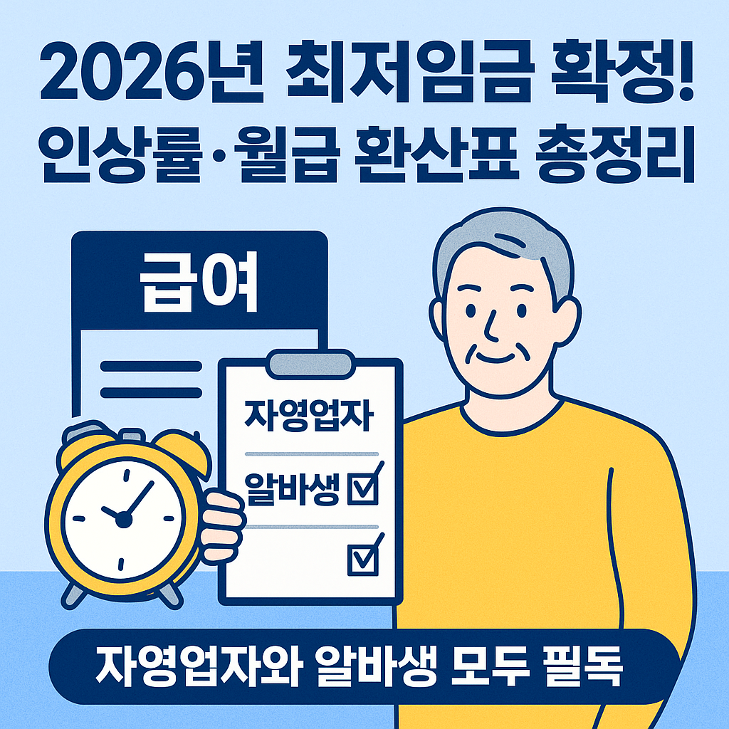 2026년 최저임금 인상 소식을 전하는 썸네일 이미지, 시급 계산기를 바라보는 중년 남성과 시계, 급여명세서 그래픽이 함께 배치된 일러스트