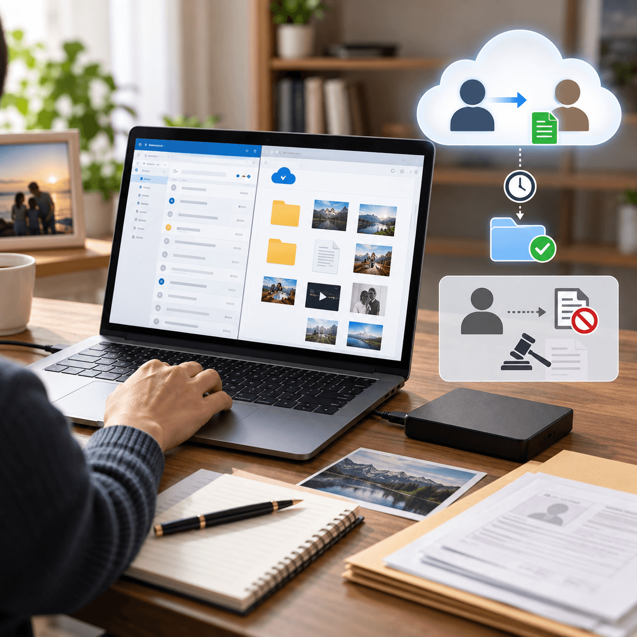 Dropbox 파일을 확인하면서 로컬 백업과 법적 접근 절차를 함께 검토하는 모습.