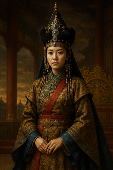 기황후가 화려한 금색, 청색의 원나라 황실 복장을 입고 궁전 내부를 배경으로 엄숙하게 서 있는 모습