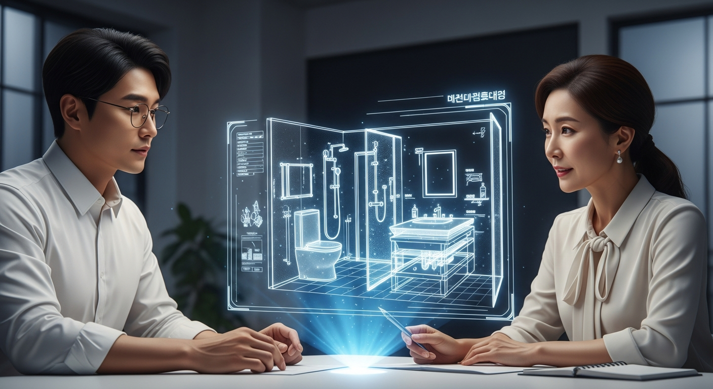 구축 아파트의 배관 구조를 정밀 분석하여 한국형 건식 욕실로 변경하는 전문 시공 도면 및 과정