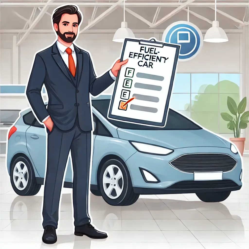 연비 체크리스트를 들고 차를 확인하는 남자의 모습.