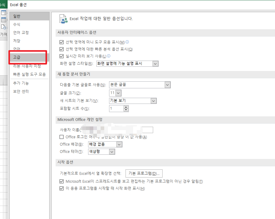 엑셀 옵션에서 스크롤바 설정 확인