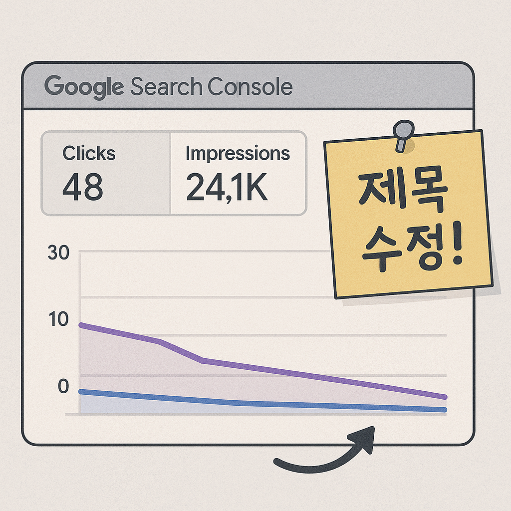 노출은 높고 클릭은 낮은 그래프를 보여주는 구글 서치 콘솔 화면