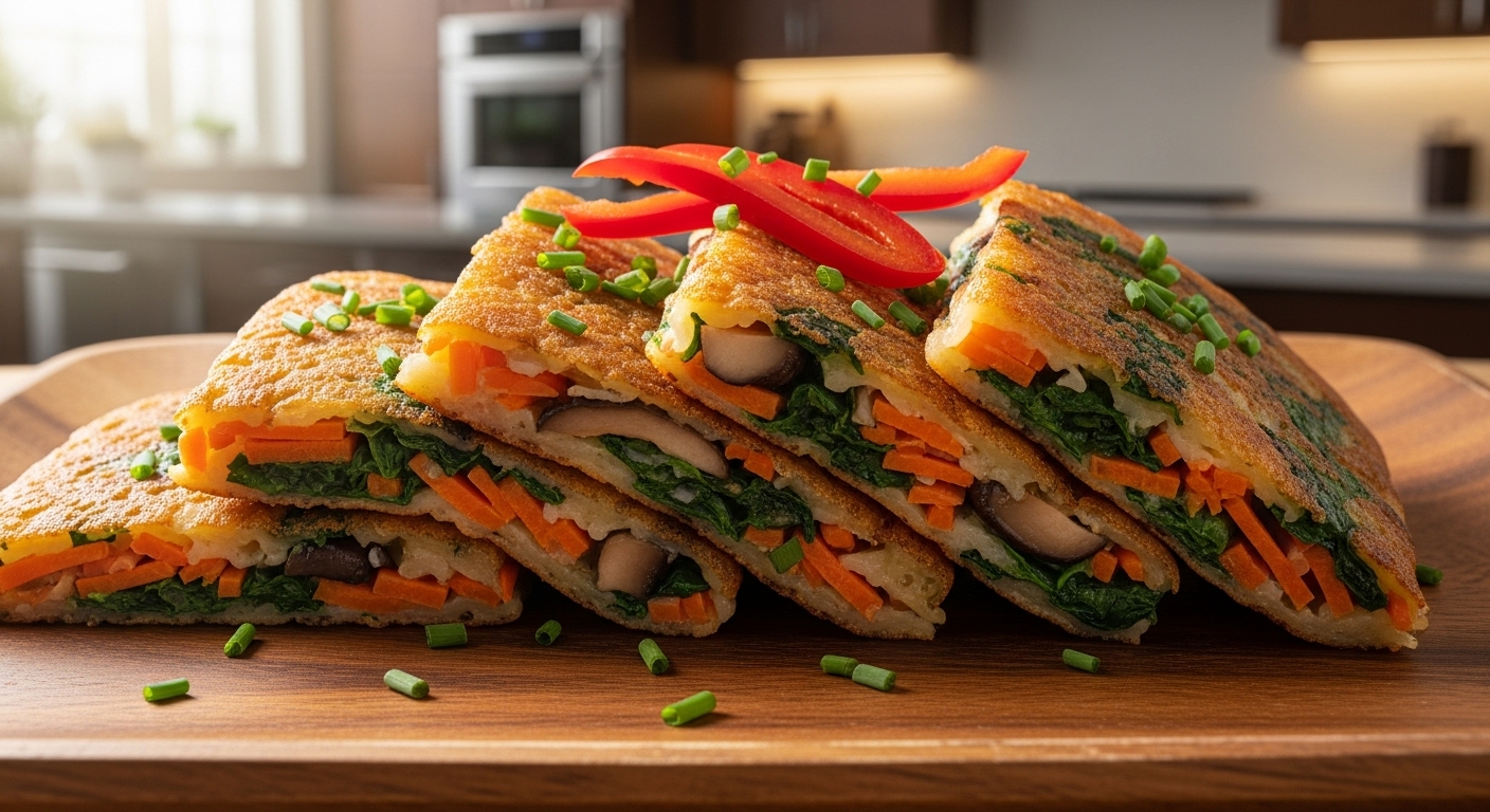 노릇하게 잘 구워진 잡채 부침개가 나무 접시에 먹음직스럽게 담겨 있는 모습.