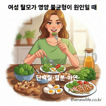 여성 탈모 원인 중 영양 불균형을 설명하는 이미지, 단백질&middot;철분&middot;아연 섭취 장면