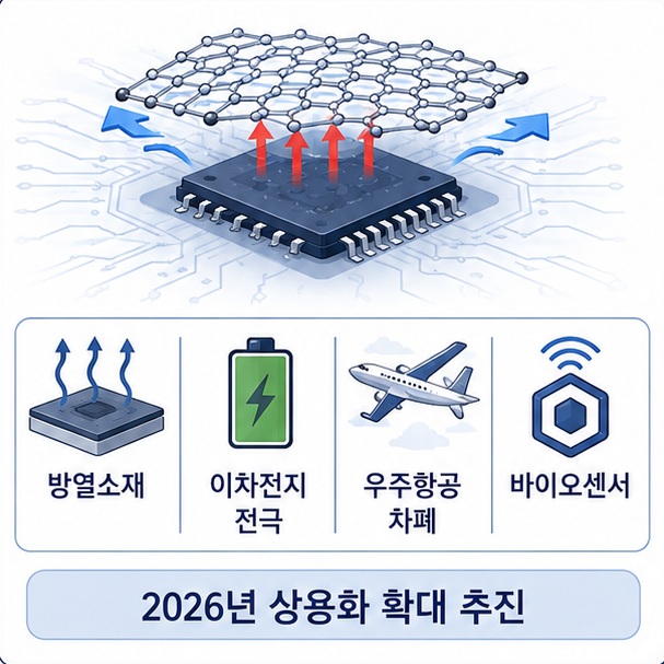 그래핀이 반도체 방열과 이차전지 전극, 우주항공 차폐소재, 바이오센서 등 다양한 첨단산업에 적용될 가능성을 보여 주는 그림