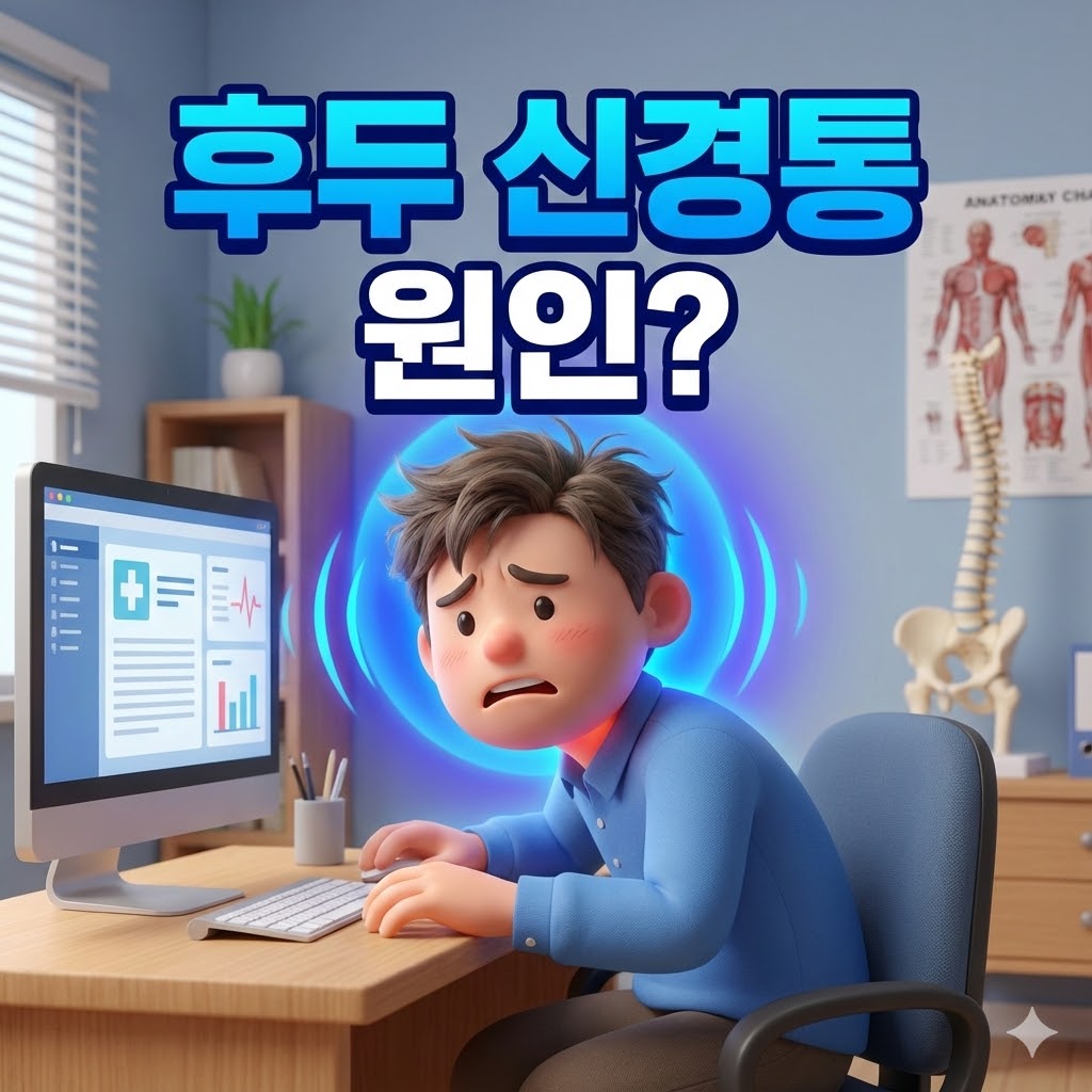 거북목 자세로 컴퓨터를 보고 있는 사람이 목 뒤와 머리에 통증을 느끼는 3D 카툰 일러스트. '후두 신경통 원인?'이라는 문구가 강조되어 있다.