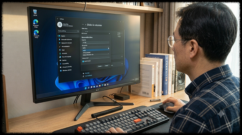 Windows 11 포맷 창에서 USB 파일 시스템을 exFAT로 선택하는 모습