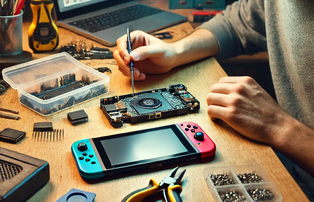 조이콘 뒷면 나사 제거 후 케이스를 여는 모습