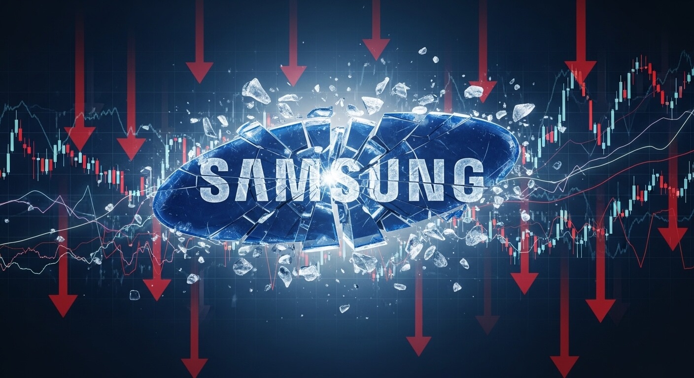 삼성마크가 깨어지고 주가가 하락하는듯한화살표가보인다