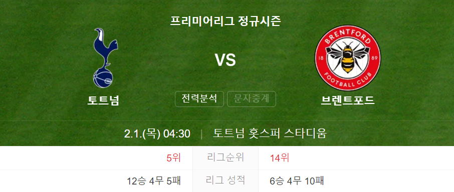 토트넘 VS 브렌트포드 22라운드