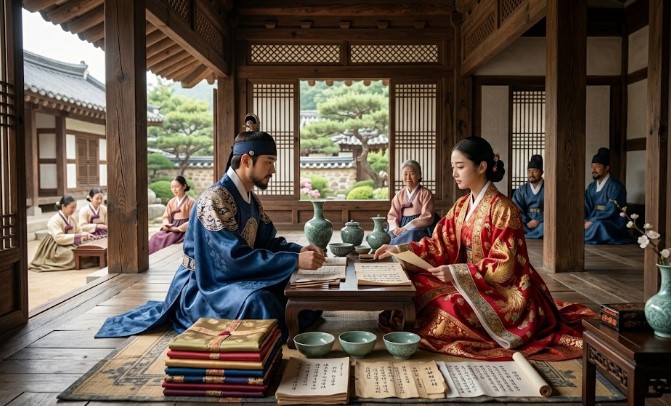 고려 시대 아들과 딸이 동등하게 재산 상속을 받는 모습