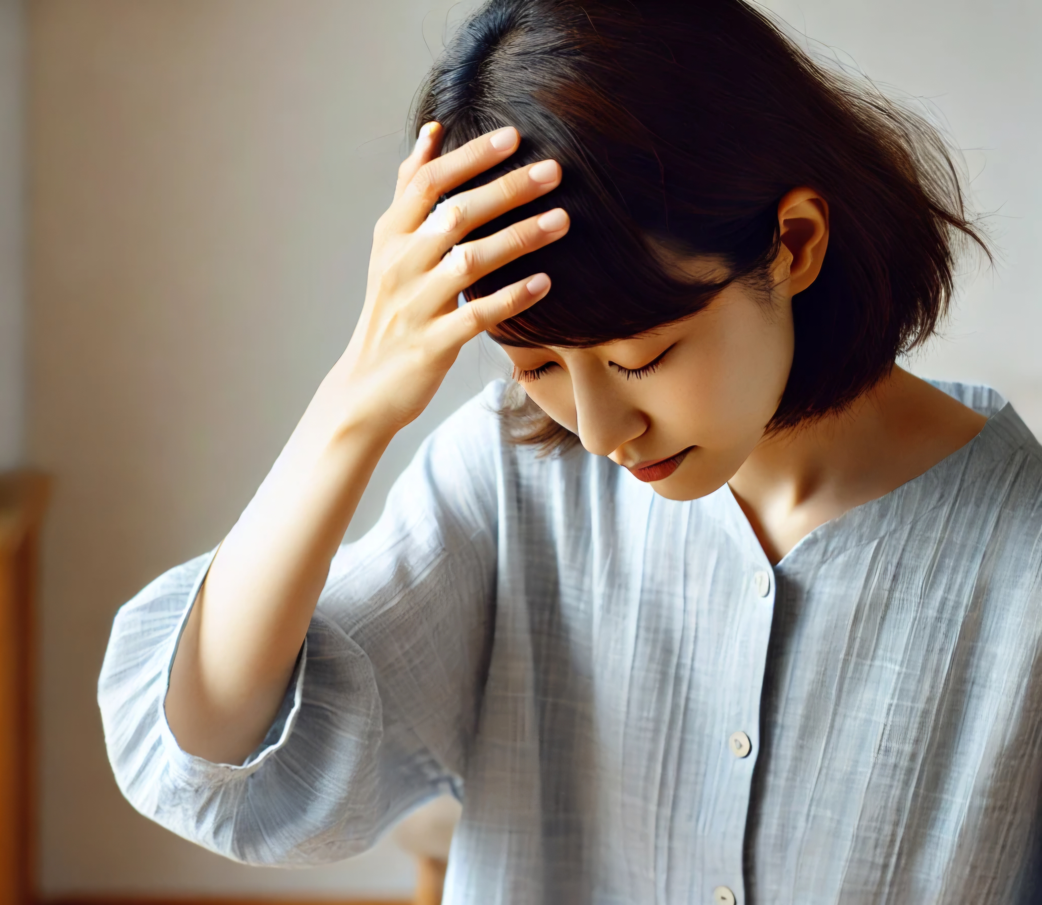 눈을-감고-오른손을-머리에-대고-있는-여자