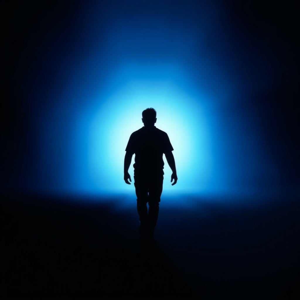 실패에도 굳건히 서 있는 사람, 어두운 배경 속에서 빛을 향해 걷는 실루엣, 자신감을 상징하는 따뜻한 푸른 계열 색감