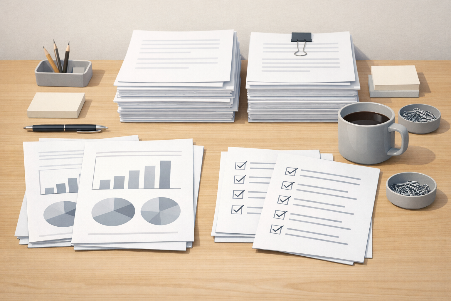 책상 위 여러 문서들과 여러 오브젝트들 일러스트