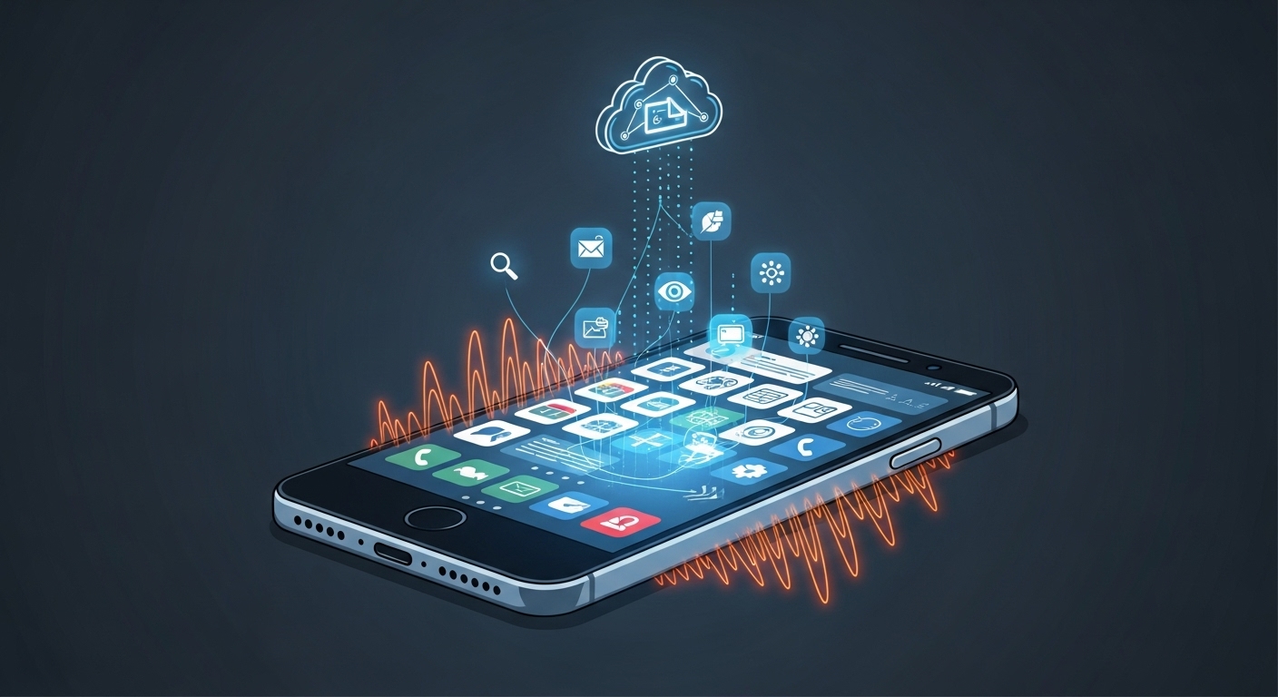 스마트폰에서 다양한 앱을 통해 개인 정보가 외부로 유출되고 분석되는 과정을 시각적으로 표현한 이미지.