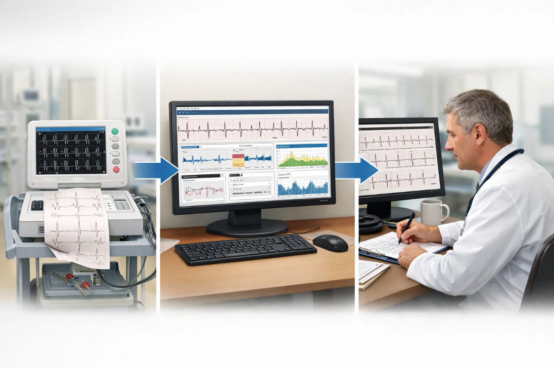 심전도 기계 출력 데이터가 분석 과정을 거쳐 전문의의 최종 소견으로 전환되는 판독 경로