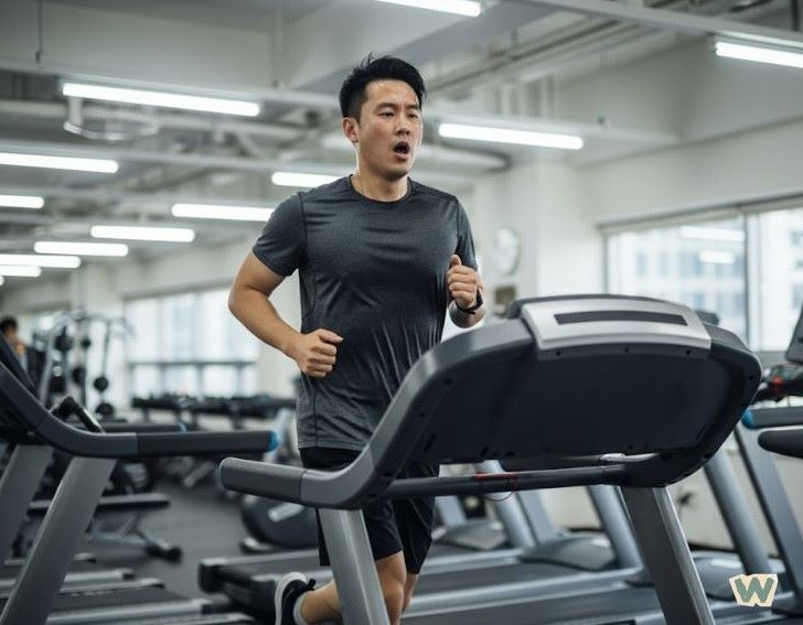 30대 남성이 헬스장에서 트레드밀 위에서 유산소 운동을 하며 혈관건강을 관리하는 모습 via Gemini