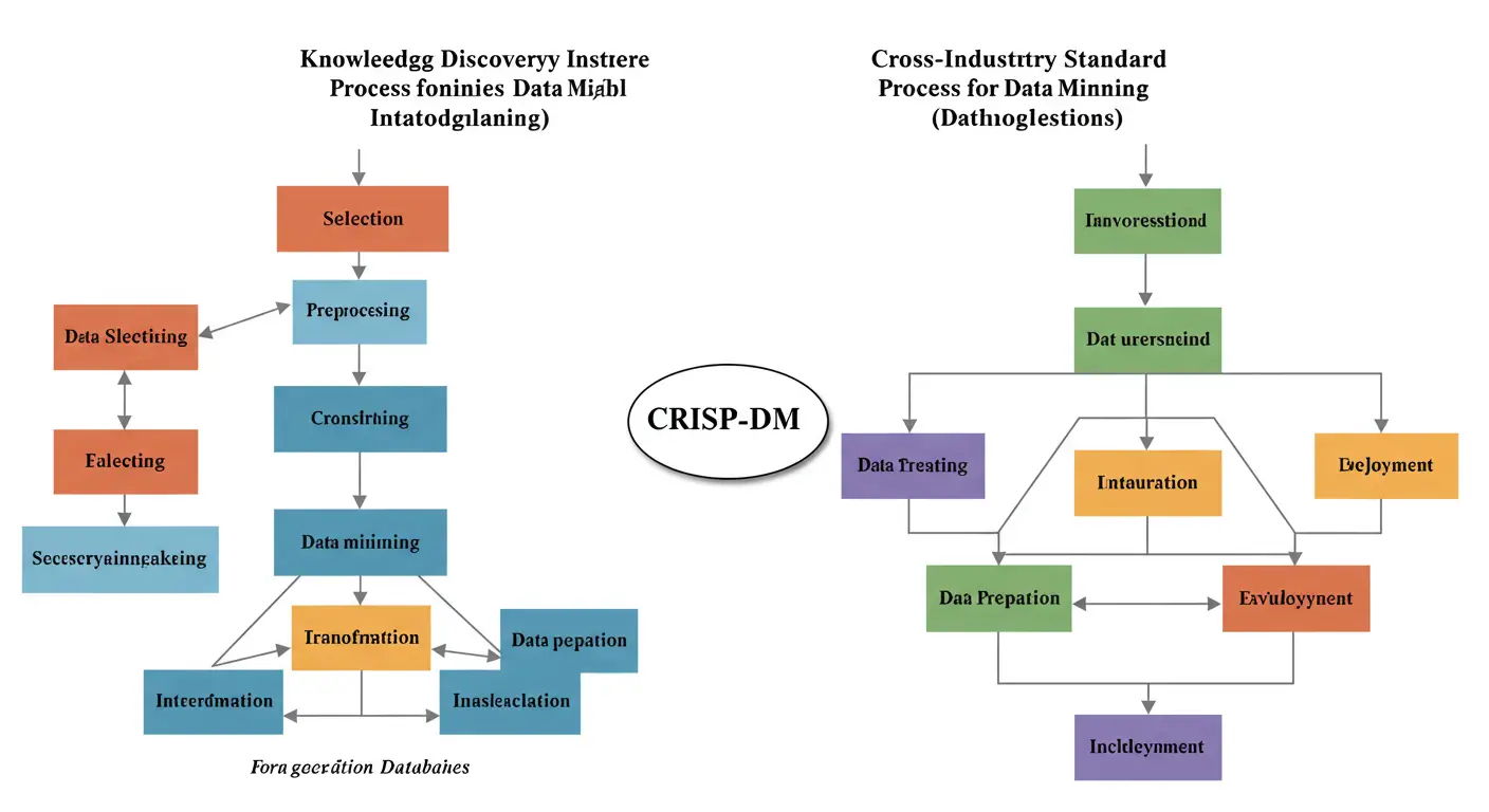 KDD와 CRISP-DM 분석 방법론의 단계를 정리한 시각적 다이어그램
