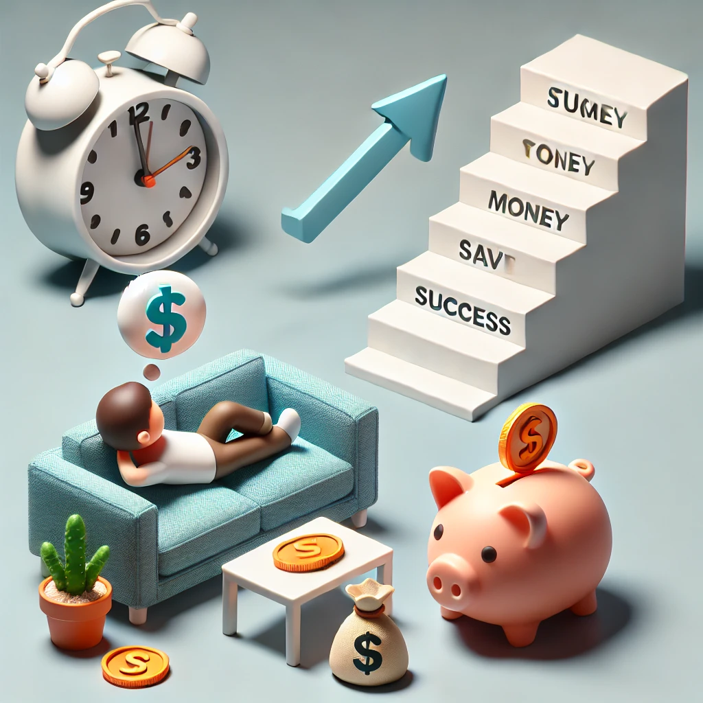 게으름과 경제적 자유의 갈림길에 선 작은 피규어 캐릭터 – 돈과 시간 사이에서 고민하는 모습