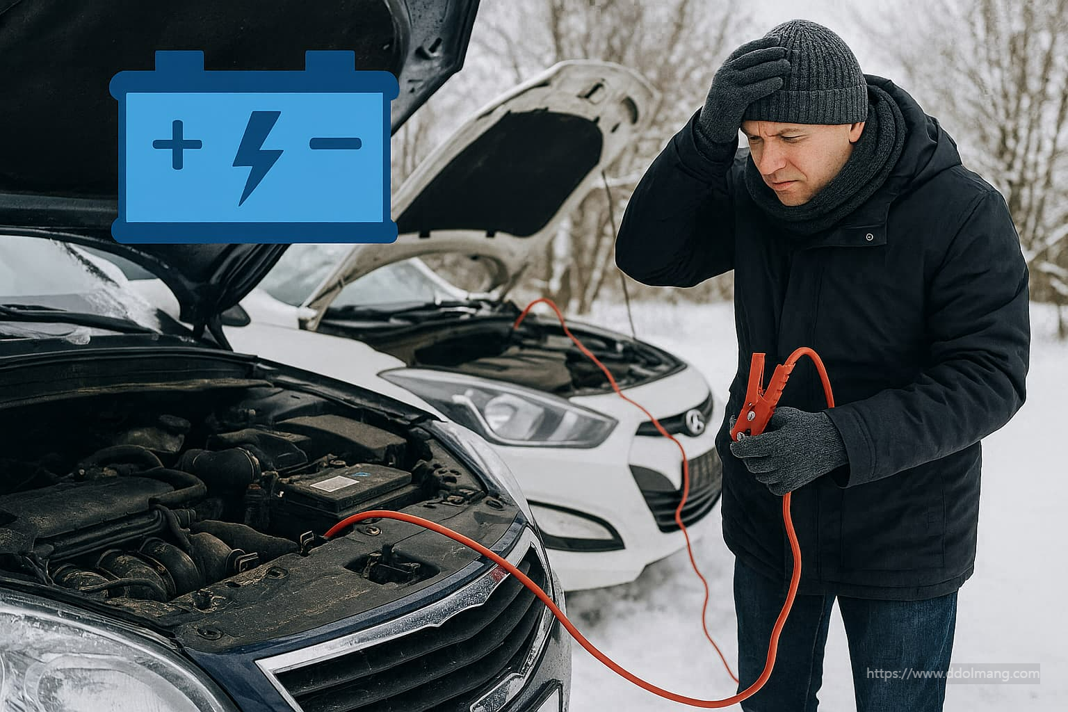 차량끼리 점프선을 연결해 배터리 방전을 복구하는 모습