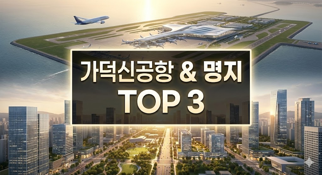 가덕신공항 조감도와 명지국제신도시 아파트 단지가 어우러진 썸네일 이미지, '가덕신공항 &amp; 명지 TOP 3' 텍스트 포함