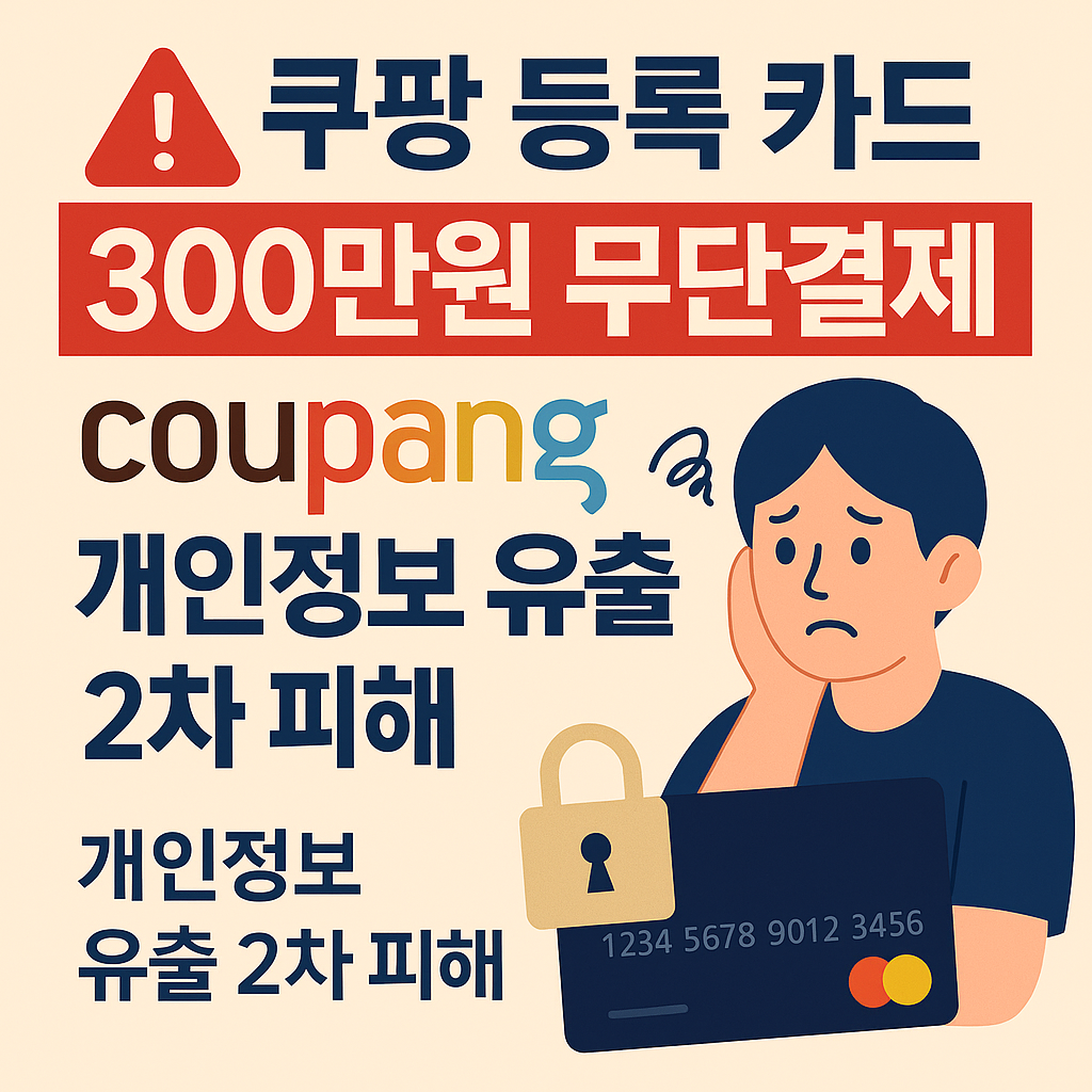 “쿠팡 개인정보 유출로 인해 결제 카드 300만원 무단결제 피해가 발생했다는 내용을 경고하는 뉴스형 썸네일 이미지. 붉은 경고 아이콘과 쿠팡 로고, ‘개인정보 유출 2차 피해’ 문구가 강조된 그래픽.”
