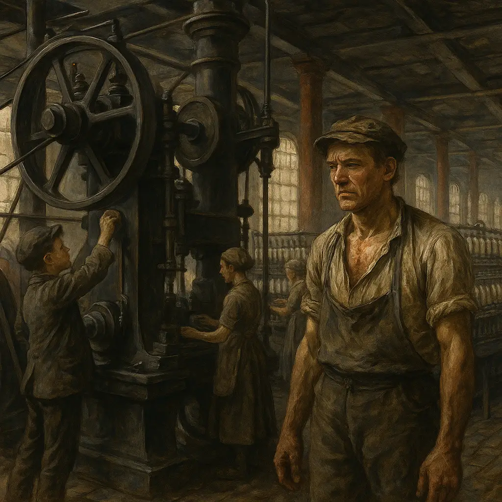산업혁명 시기의 공장에서 일하는 노동자와 기계