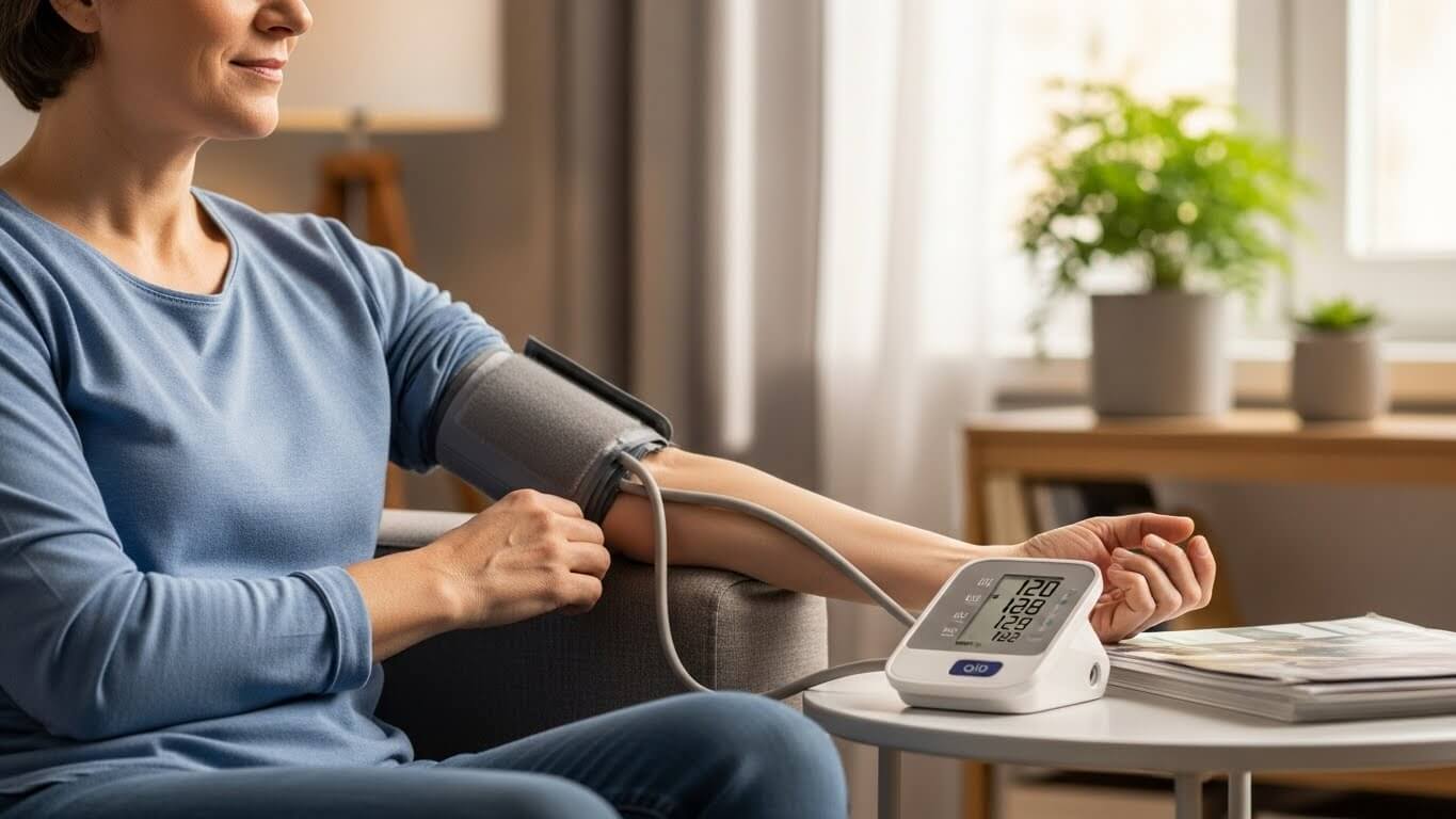 집에서 디지털 혈압계로 혈압을 측정하며 약물 부작용을 체크하는 환자의 모습