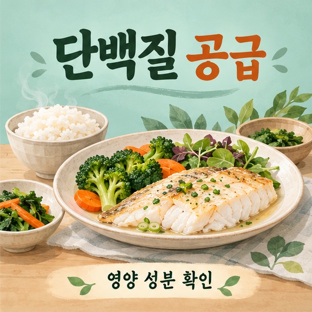 익힌 생선과 밥 및 채소로 구성한 균형 잡힌 단백질 식사