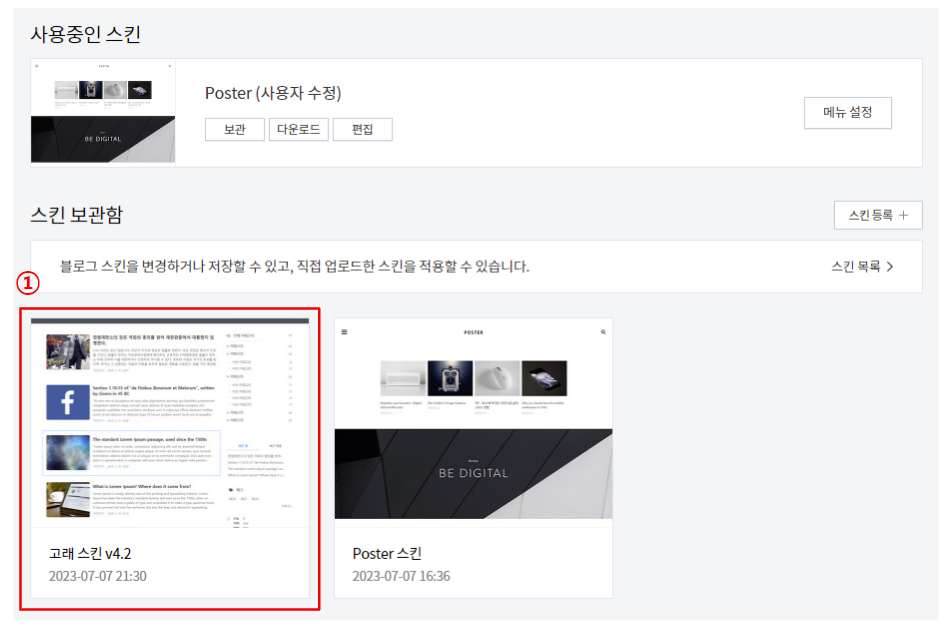 스킨 등록 확인