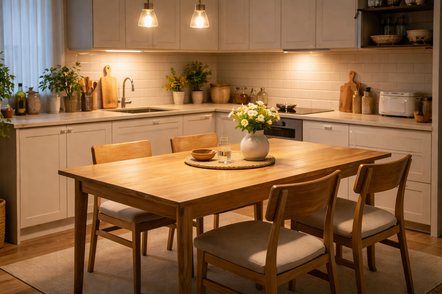 정리된 주방과 식탁 풍수 인테리어, 깔끔한 주방 정리와 따뜻한 조명 분위기