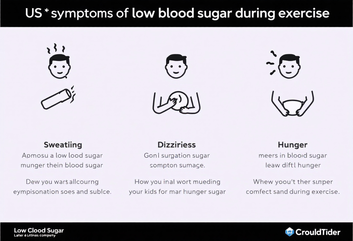 &quot;운동 중 저혈당 증상을 그림으로 표현한 인포그래픽: 땀, 어지럼증, 배고픔 등&quot;
