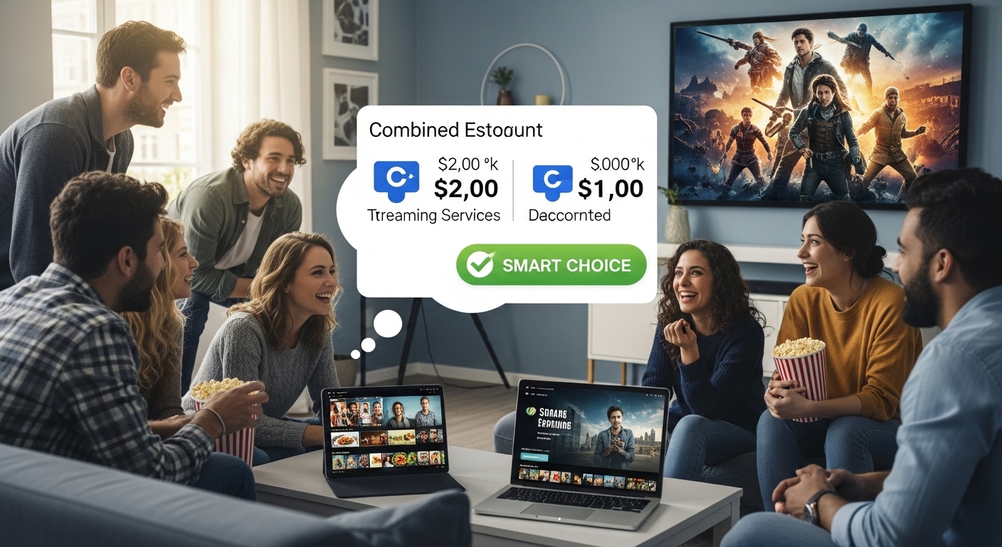 다양한 사람들이 함께 디즈니플러스를 시청하며, 스마트한 할인 조합으로 구독료를 절약하는 행복한 모습을 보여주는 이미지.