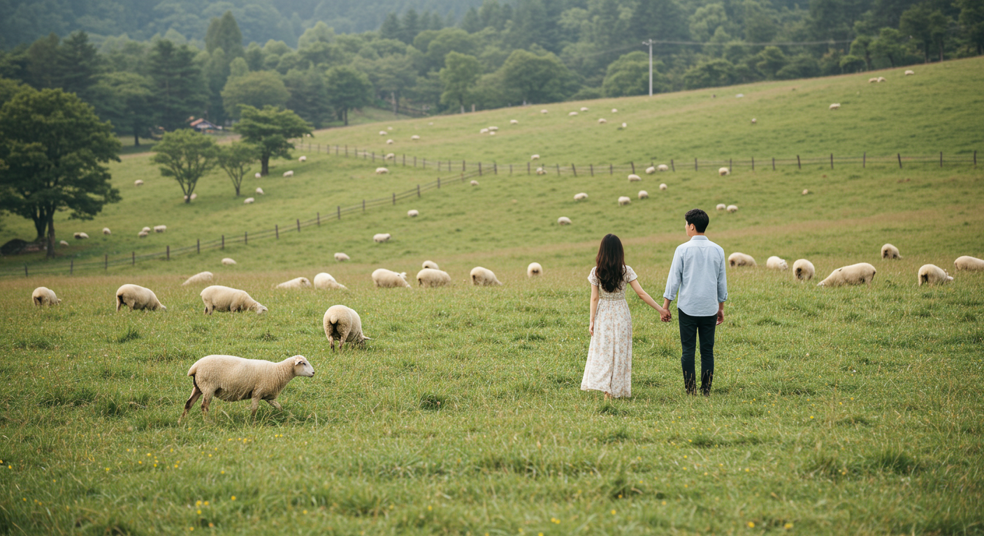 평창 대관령 양떼목장 초원에서 자연을 만끽하는 한국인 여행자