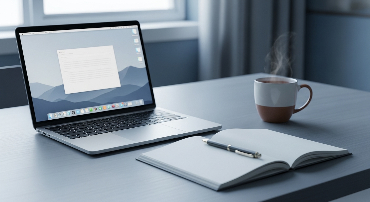 깔끔하게 정리된 책상에서 집중을 위해 디지털 기기 없이 차 한 잔과 함께 업무를 준비하는 모습