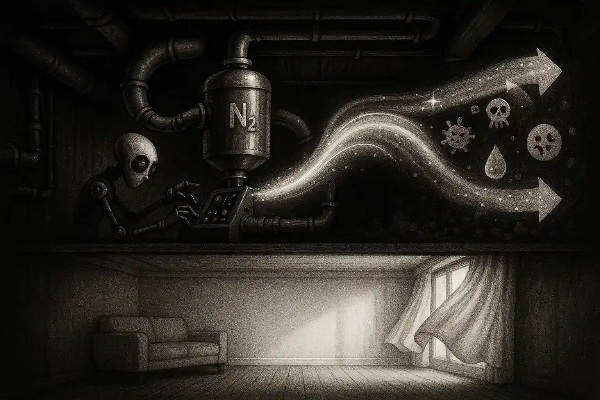 팀 버튼풍 실험실에서 로봇이 공기 정화 장치를 작동시키는 어두운 분위기의 흑백 일러스트