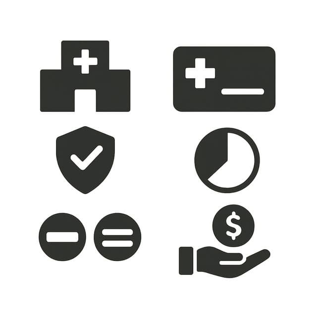 중앙의 병원 아이콘과 의료카드 픽토그램을 배치하고, ‘자격’은 체크 실드 아이콘, ‘지원 범위’는 원형 파이토큰