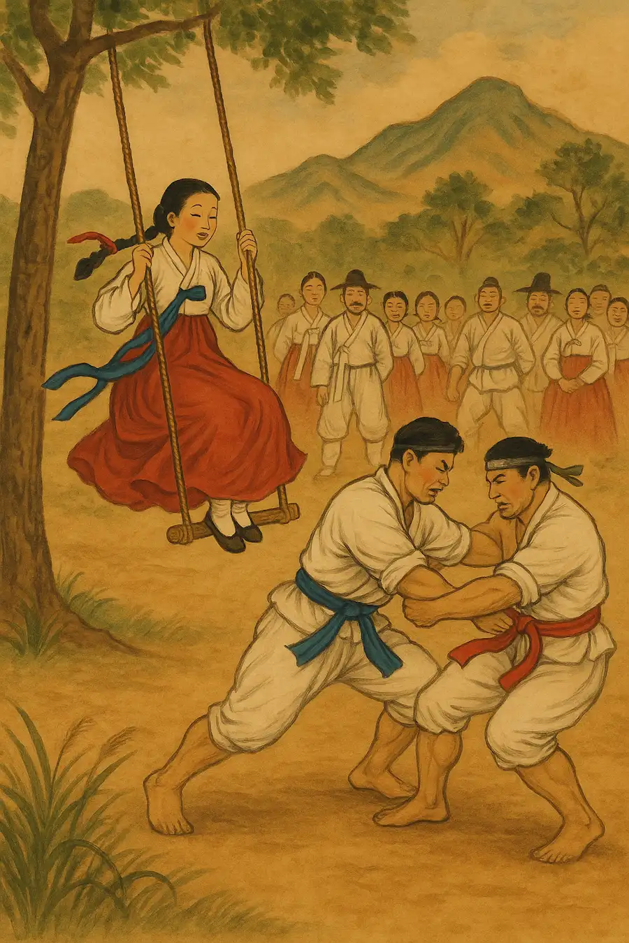단오날 풍속 그네뛰기 씨름