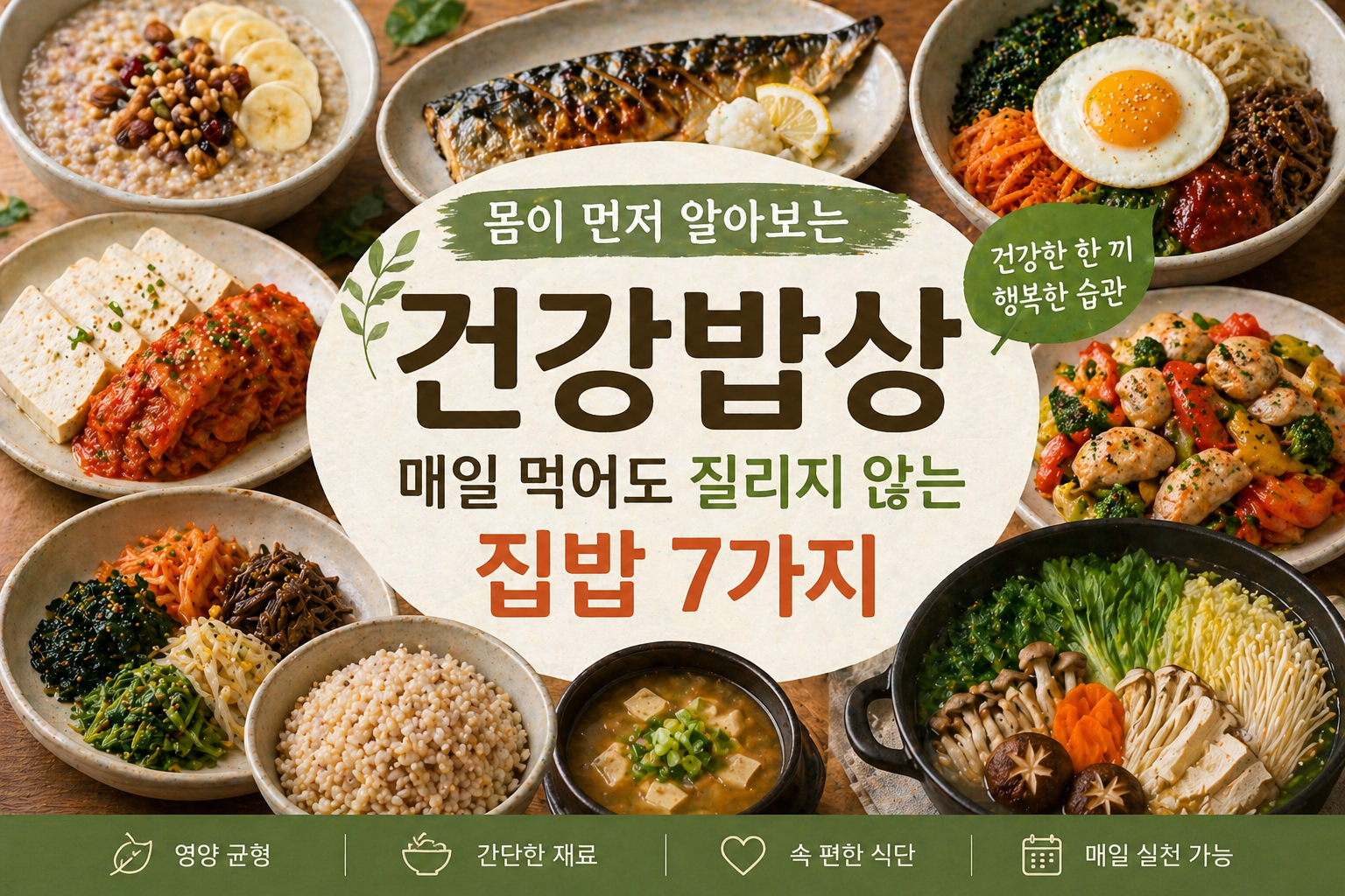 건강밥상 집밥 7가지를 소개하는 티스토리 상단 썸네일 이미지와 다양한 건강식 메뉴 구성