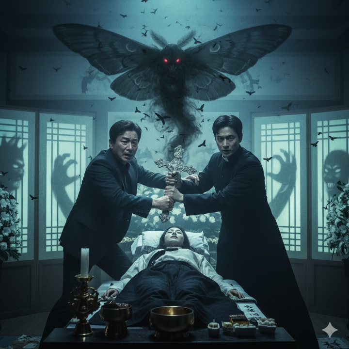 악마의 부활을 막기 위해 사투를 벌이는 사제 해신과 딸을 잃은 슬픔에 빠진 승도의 대립 장면