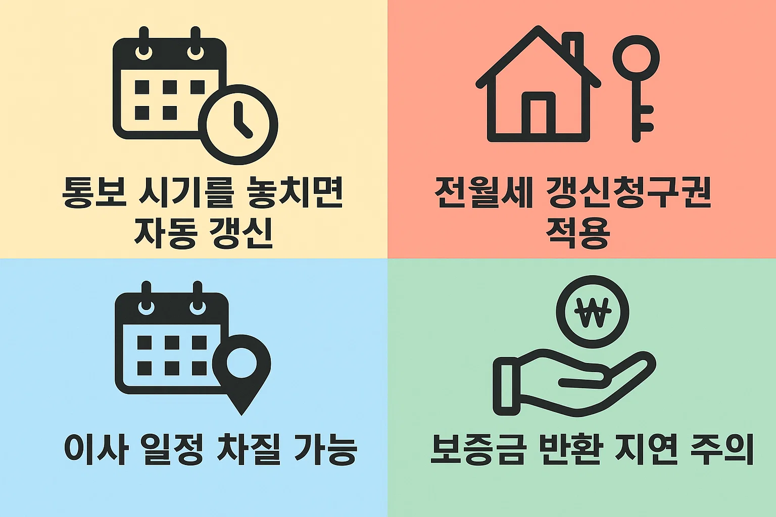 통보 시기를 놓쳤을 때 발생하는 자동갱신, 갱신청구권, 보증금 반환 지연 등 주요 이슈를 정리한 인포그래픽.