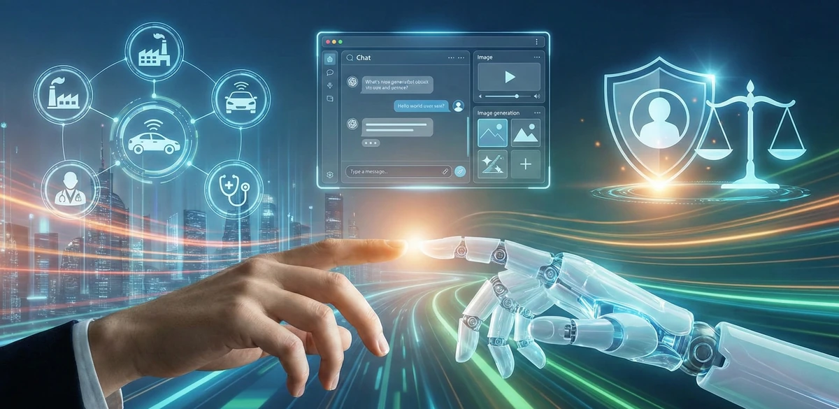 인간과 로봇의 손이 맞닿는 미래 도시 배경 이미지로, 주변에 스마트 팩토리, 챗봇, 윤리적 저울 아이콘이 떠 있어 인공지능의 다양한 활용 사례와 안전한 사용을 상징함